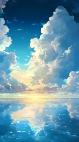 Sunset clouds mirrored on still ocean surface at horizon.