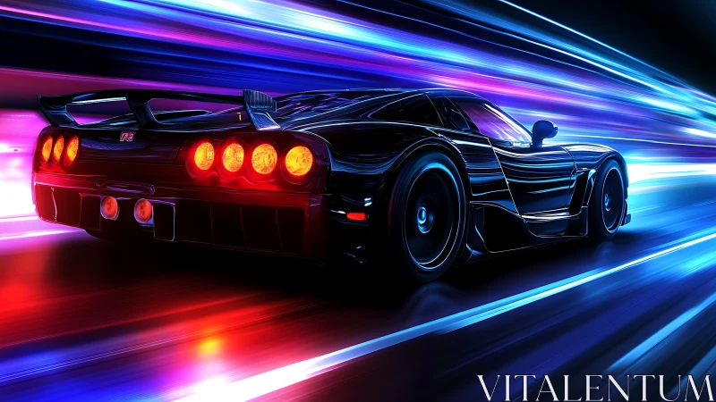 Digital render shows rear view of racing car in neon motion