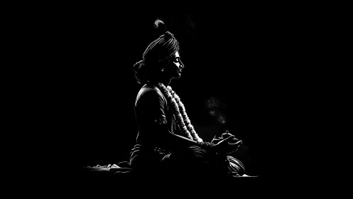 Silhouette of seated figure in meditative pose on black field.