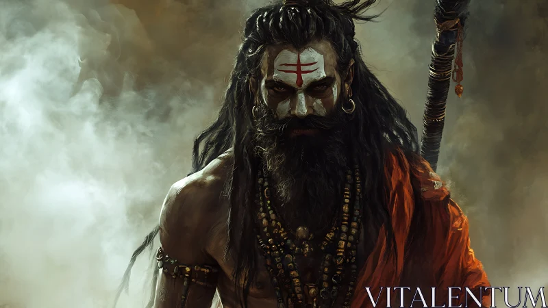 Storm-eyed ascetic warrior strides through curling battlefield smoke.