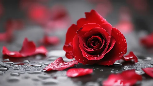 Elegant Red Rose Glistening with Raindrops on Dark Stone