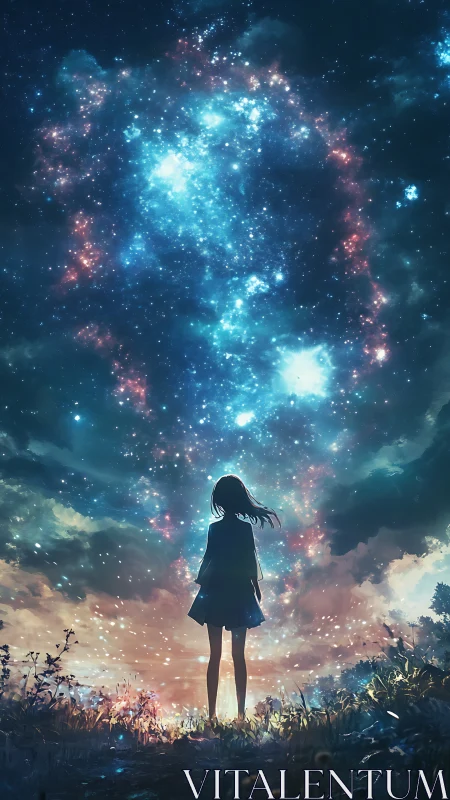 Silhouette of lone figure under dense star field at night.