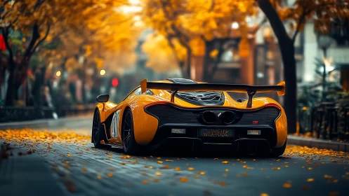 Orange supercar powers through golden autumn city street.