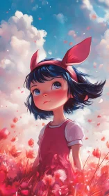 Young girl in red dress standing in stylized flower field.