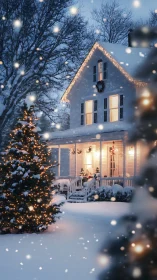Snow-covered two-story house displays winter exterior lighting