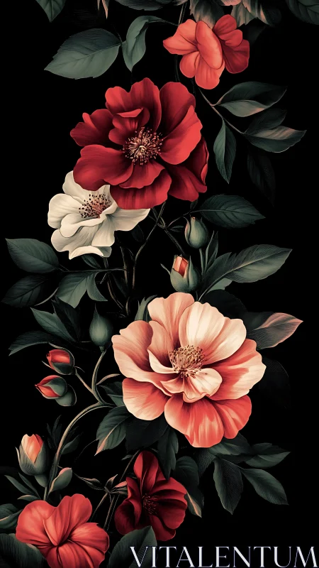 Botanical Still Life: Red and Cream Flowers with Dark Background