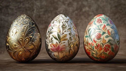 Ornate floral eggs stand together in richly detailed splendor