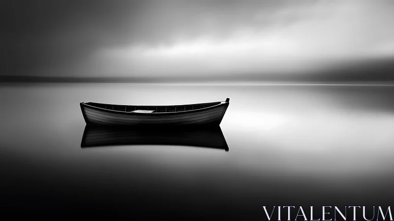 Quiet wooden boat resting on a mirror-still silver lake.
