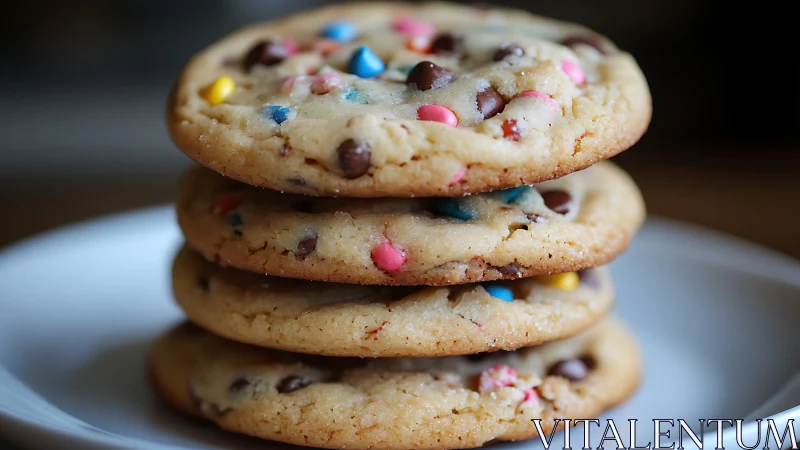 Tower of candy chip cookies crowned in buttery daylight.