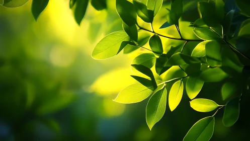 Sunlit Green Leaves Close-Up in Soft Natural Light Photography.