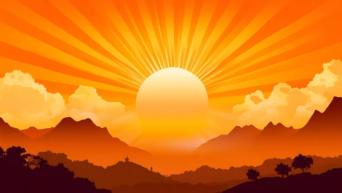 Radial sunrise gradient over layered mountain silhouettes in orange