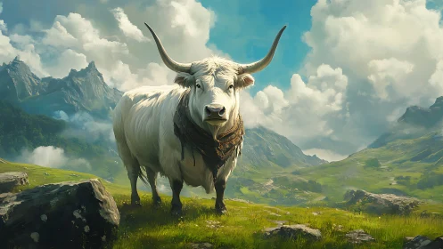 Majestic white longhorn ox under bright alpine sky.