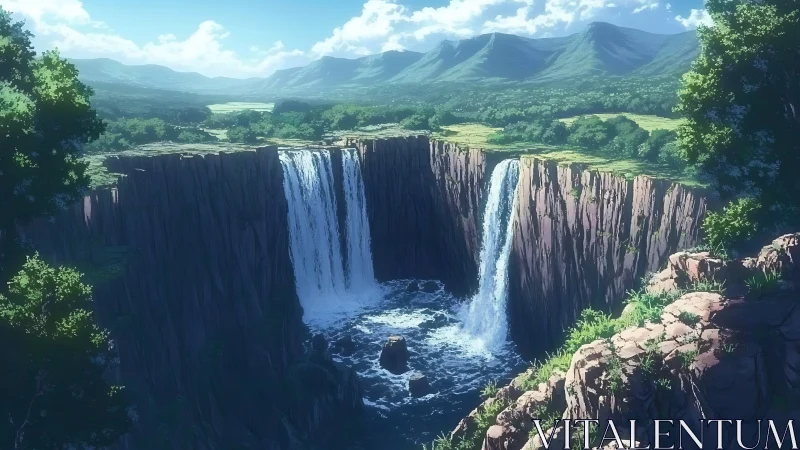 Twin waterfalls plunging into basalt canyon under clear sky.