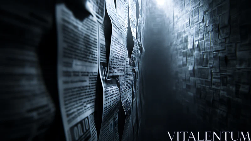 Newspaper maze corridor under distant cold light glow.