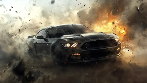 Midnight muscle car charging through fire and stormy dust.