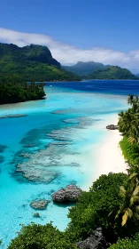Tropical lagoon with volcanic peaks and reef formation.