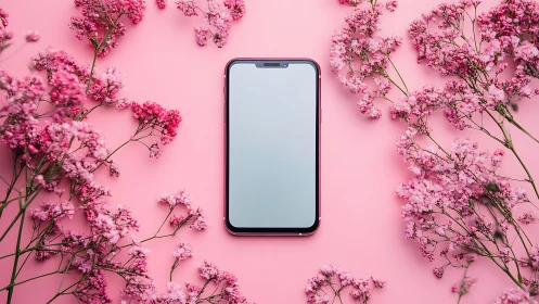Smartphone Surrounded by Delicate Pink Blooms.
