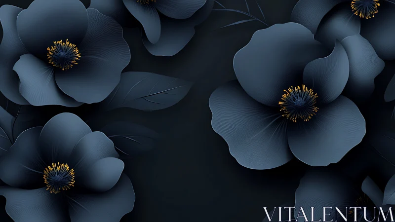 Dark Blue Flowers with Gold Stamens Against Black Background