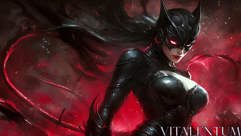 Dark-armored feline assassin in crimson energy storm.