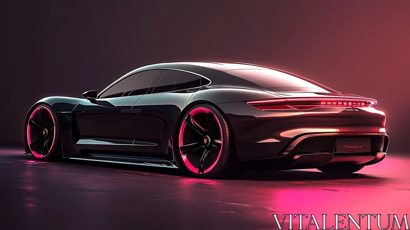 Electric sports sedan glows under neon pink studio light