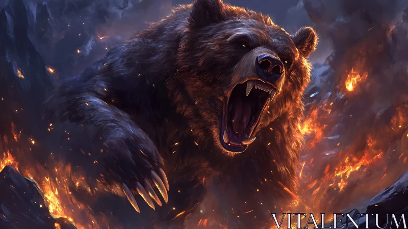 Ferocious bear lunging through molten wildfire inferno.
