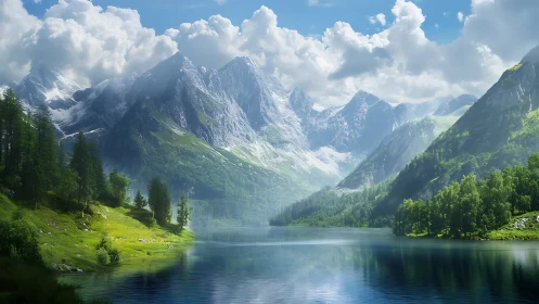 Mountain lake valley under clouds with reflective water.