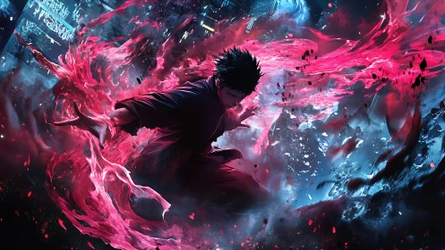 Neon storm bender hurls crimson energy through night streets.