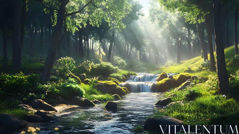 Forest stream with canopy light filtering through trees.