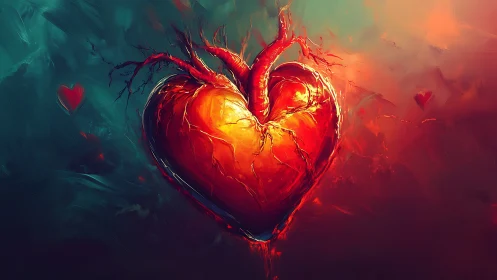 Luminescent anatomical heart with arterial branching structures.