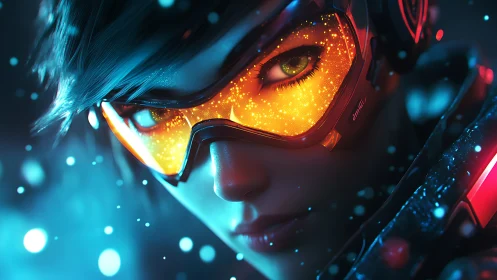 Neon cyber-operator visor with volumetric bokeh reflections.