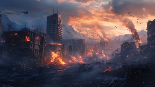 Post-apocalyptic city street burns beneath dense orange smoke