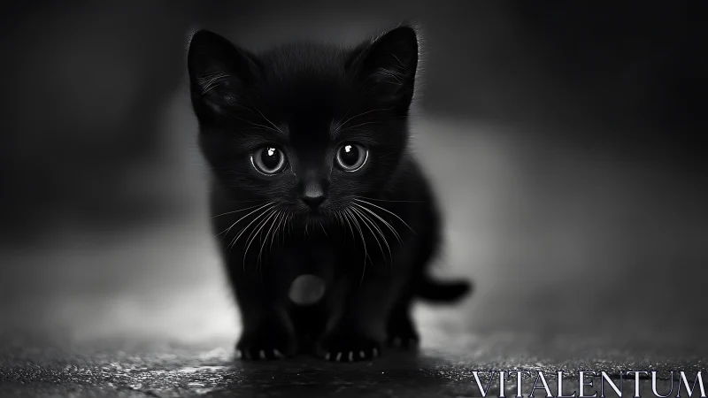 Midnight Mischief: Curious Kitten Locks Luminous Gaze Into Frame