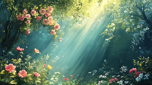 Luminous floral forest glade in romantic digital painting style.