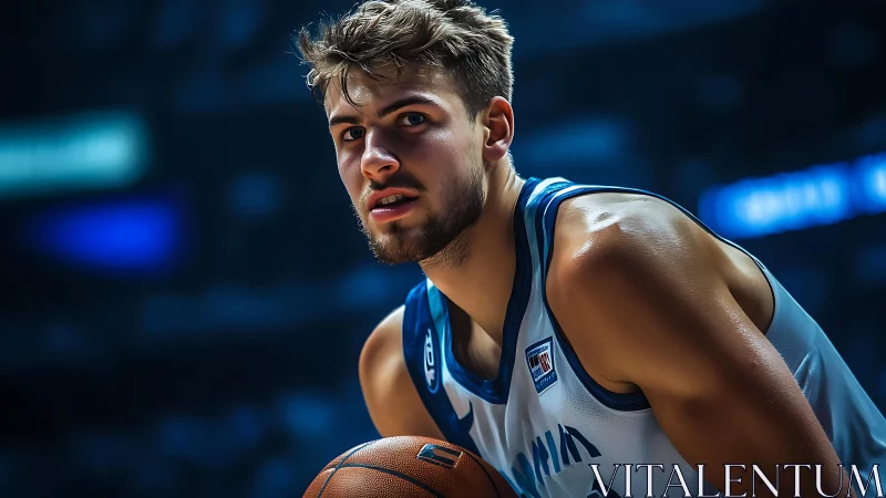 Close-up courtside portrait of focused basketball guard in play