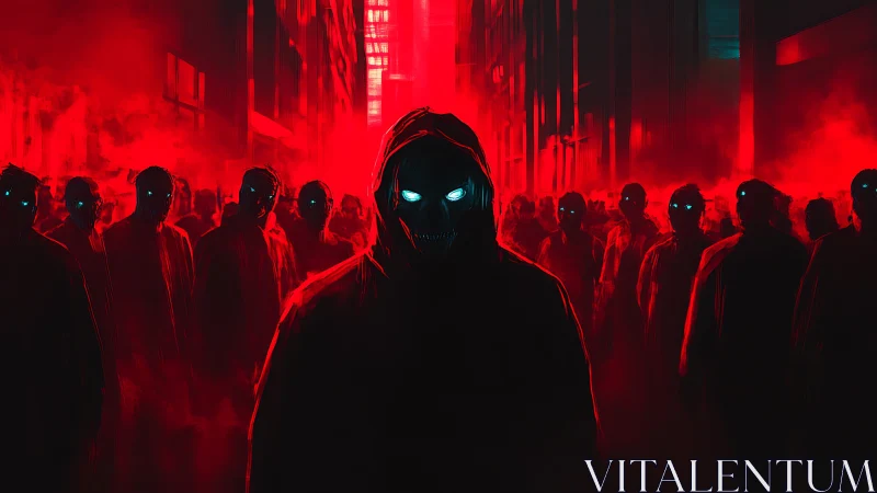 Hooded figures with glowing eyes stand in a red lit city alley