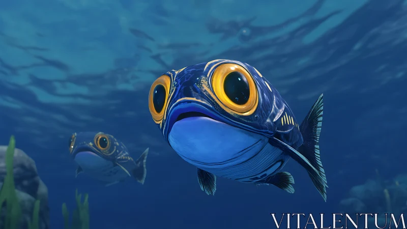 Cartoon blue fish with oversized eyes swims in clear water