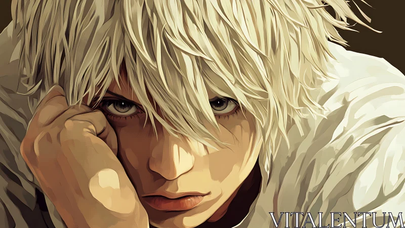 Intense silver‑haired gaze in close-up anime portrait.