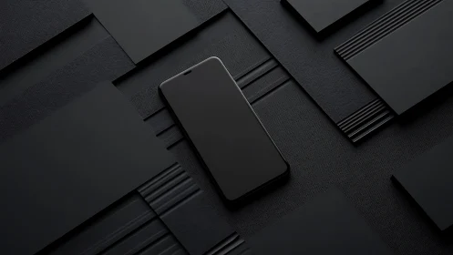 Minimalist black smartphone on geometric textured surface.
