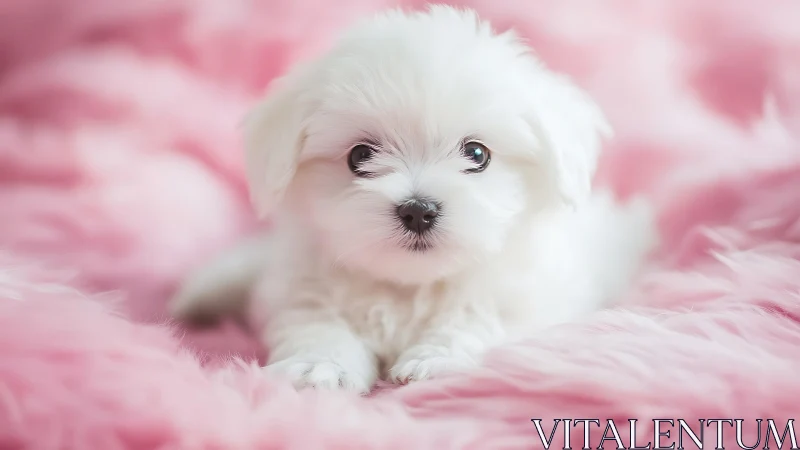 Snowy puppy resting softly on plush pink fur background.
