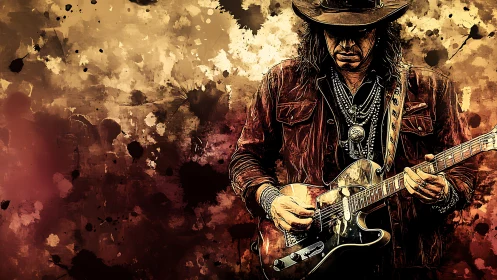 Textured digital portrait of guitarist on splattered sepia backdrop