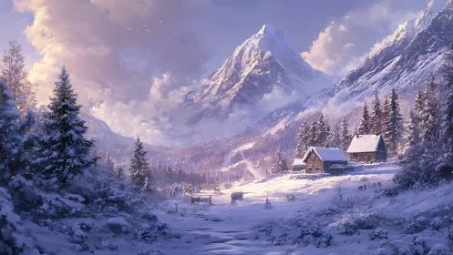 Soft winter sunrise brushes a quiet mountain cabin valley