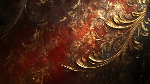Baroque metallic scrollwork over oxidized crimson substrate.
