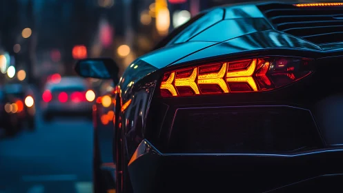Supercar tail lights glowing in cinematic city dusk.