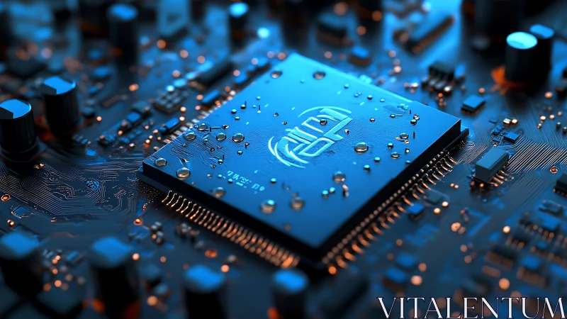 Close-up view of wet microchip on illuminated circuit board.