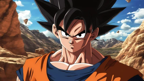 Determined anime hero standing strong in rocky sunlight.