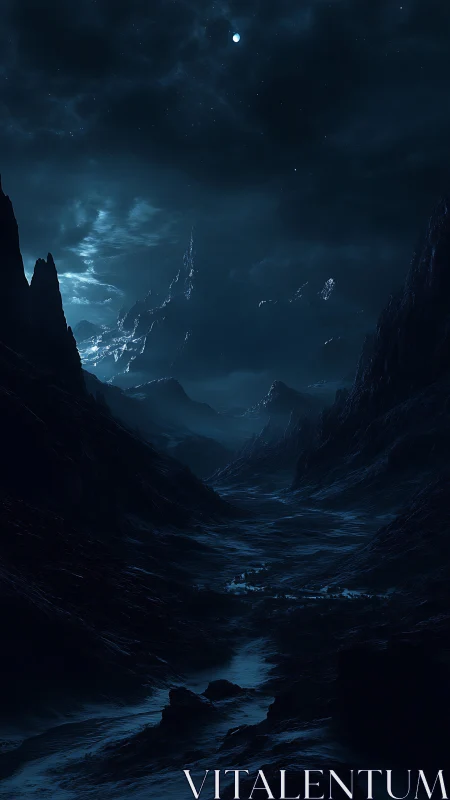 Nocturnal glacial canyon recedes beneath a cold lunar sky