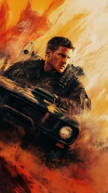 Armored driver powers muscle car through explosive orange dust