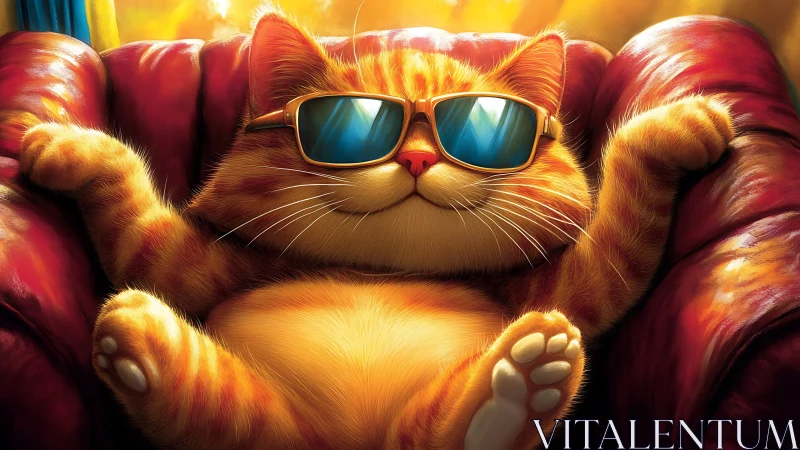 Cool Cat Relaxing on Red Velvet Couch with Sunglasses.