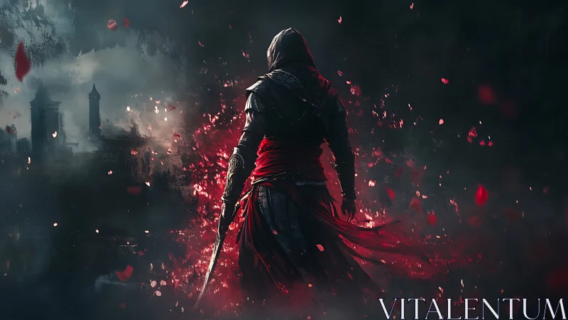 Hooded warrior with sword amid red embers at night.