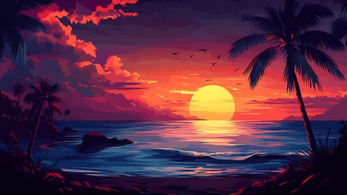 Radiant tropical sunset bathes palm-lined shore in color.